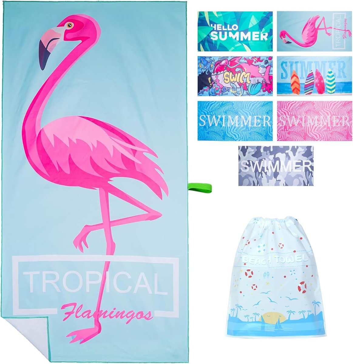 Grote strandhanddoek in microvezel met flamingoprint, zandafstotend en snel drogend