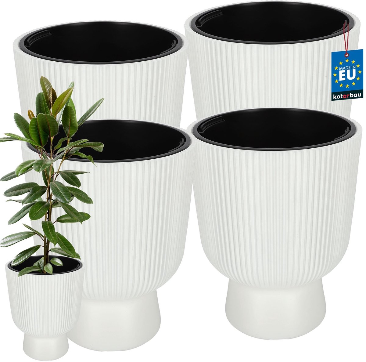 KOTARBAU® 4 Stuks - Bloempot - Plantenpot Ø 39 cm - met Binnenpot - Geribbelde Plantenbak - Plantenpot met Voet - Plantenbak - Kunststof - H: 49 cm - Wit
