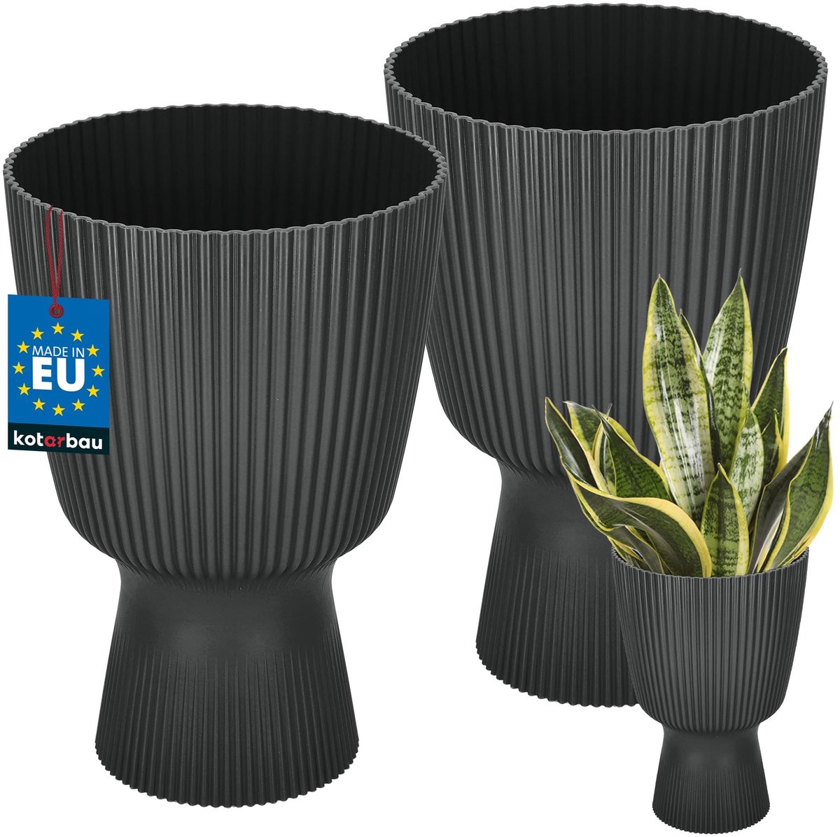 KOTARBAU® 2 Stuks - Bloempot - Plantenpot met Sokkel ⌀ 18 cm - PVC - Geribbelde Orchideeënpot - H: 27 cm - Zwart - Kelkvorm