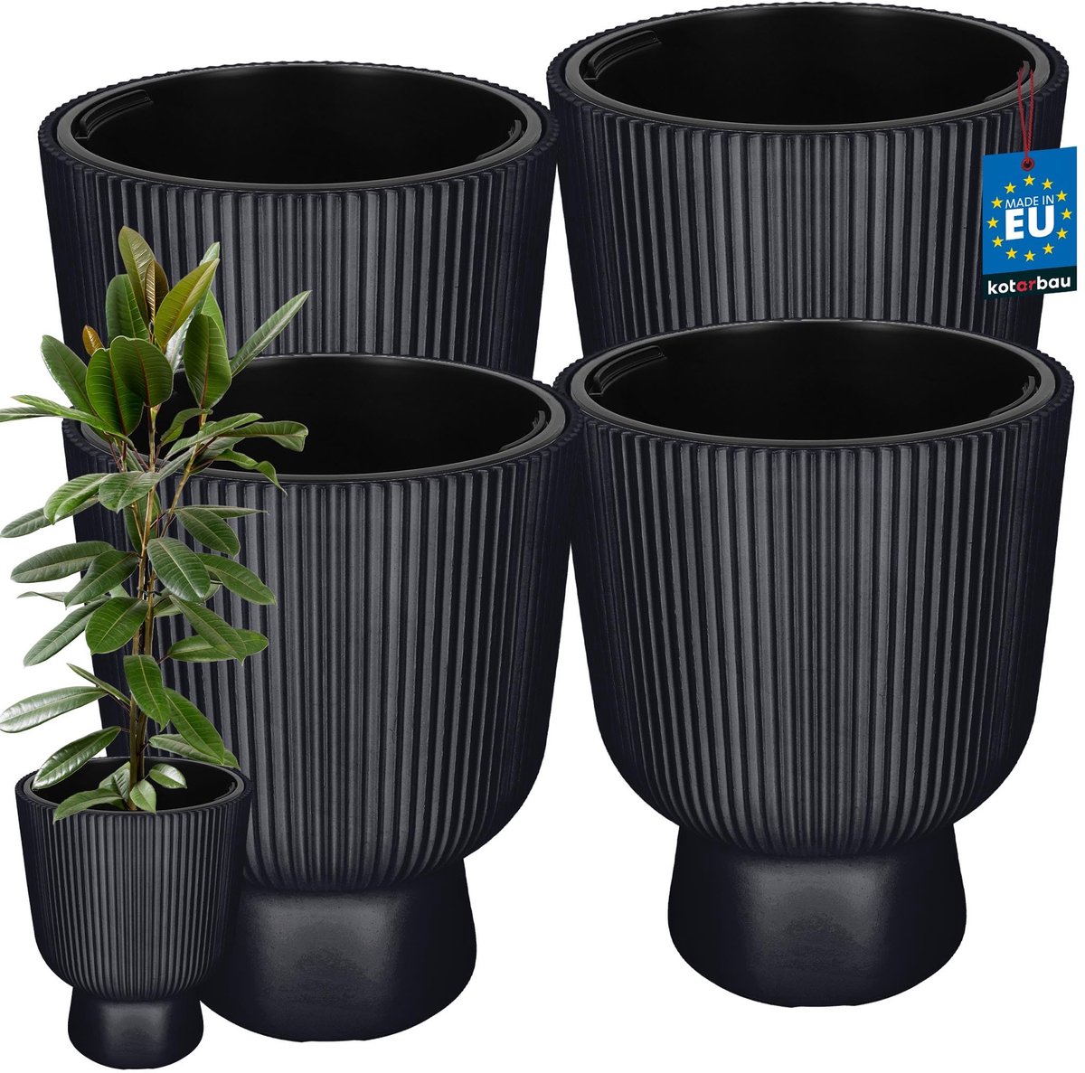KOTARBAU® 4 Stuks - Bloempot - Plantenpot Ø 39 cm - met Binnenpot - Geribbelde Plantenbak - Plantenpot met Voet - Plantenbak - Kunststof - H: 49 cm - Anthrazit