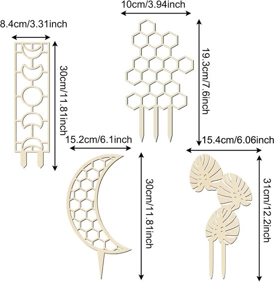Drie plantenrekken van hout: een rond met honingraten, een met maan- en cirkelmotieven, en een met monstera-bladeren.