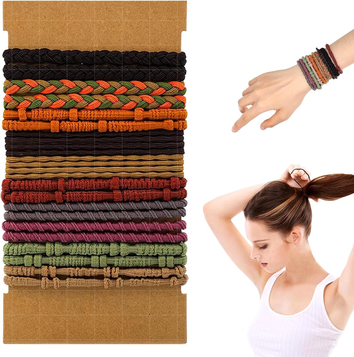 SnelShoppen - 20 Stuks Boho Elastische Haarkrabbers voor Vrouwen, Gevlochten Haarbanden, Ponytail Houders, Armbanden, Zachte Nylon Katoen, 10 Kleuren
