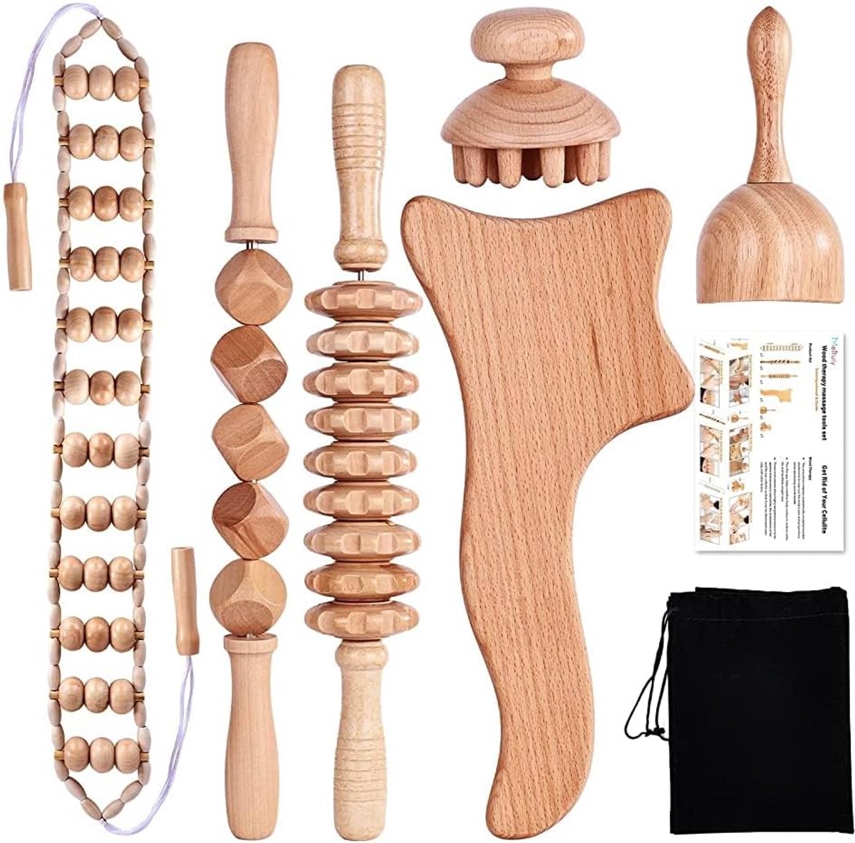 SnelShoppen - 6 Delige Houten Therapie Massager Set - Professionele Massage Roller voor Lichaamsvormen, Lymfedrainage, Pijnverlichting, Anti-Cellulite