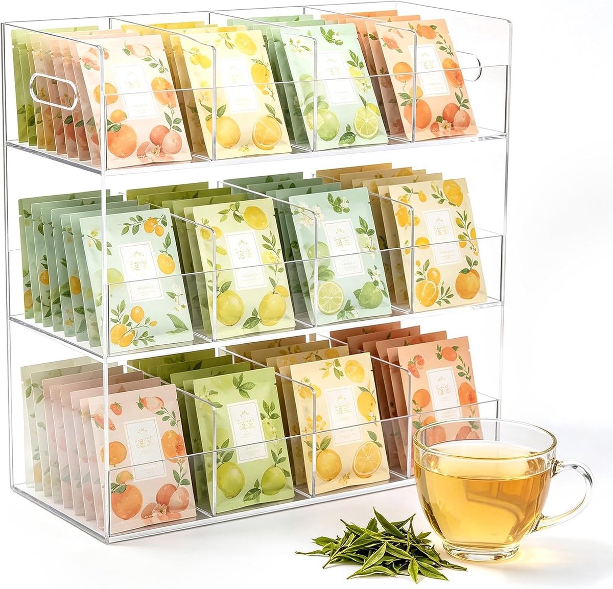 Thee Organizer - Transparant - 29,6 x 9,8 x 26,4 cm - Acryl Theedoos met 12 Vakken - Voor Keuken en Horeca