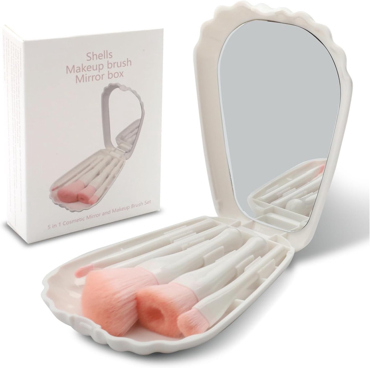 SnelShoppen - Travel Makeup Brushes Set - Premium Mini Make-up Kwasten met Schelpdoos, Inclusief Blush Kwast, Poeder, Blenden, Oogschaduw - Ideaal voo