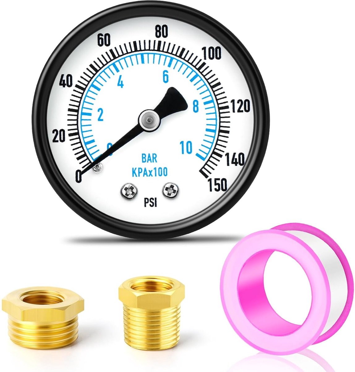 0-10 bar/0-150 psi pressure gauges for water pumps, 2" dial 1/4" BSP, with 2 pcs brass hex bushings 3/8" to 1/4" and - ShopVlot