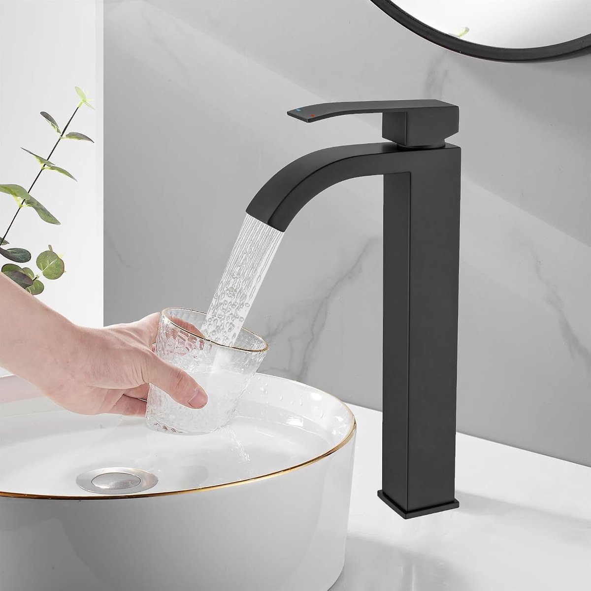SnelShoppen - Hoge Wastafelmengkraan Mat Zwart Monobloc Waterval Kraan voor Badkamer, 10cm Brede Waterloop, Hoogwaardig Design, Perfect voor Moderne B