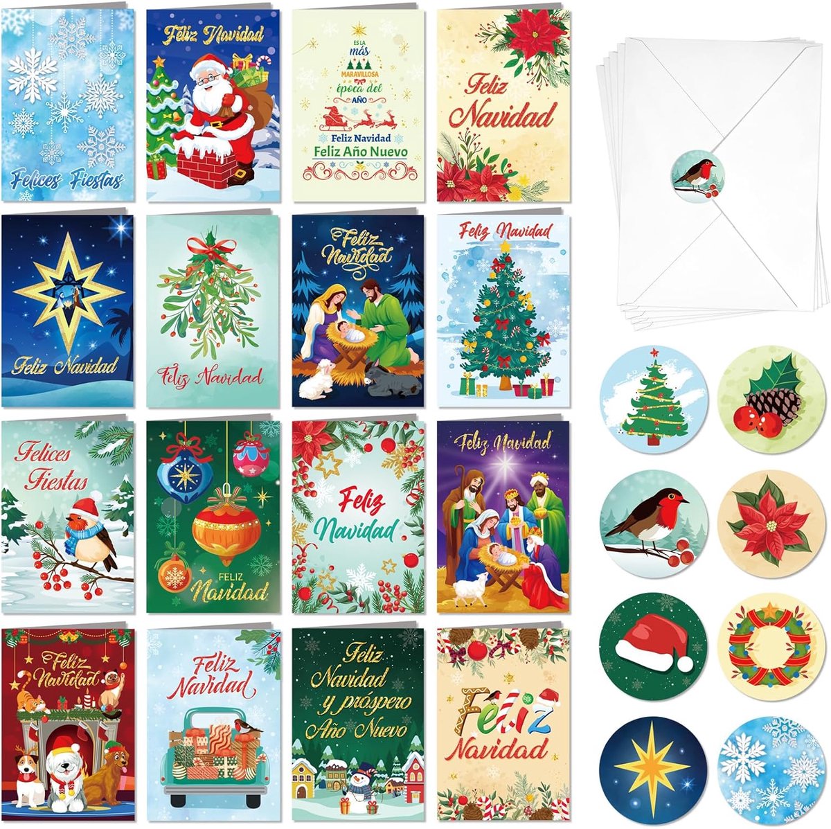 SnelShoppen - 16 Spaanse Kerstkaarten met Stickers voor Enveloppen, Multicolor, Felicitatiekaarten voor Kerstmis, Geboorte, Belen en Drie Wijzen, Perf