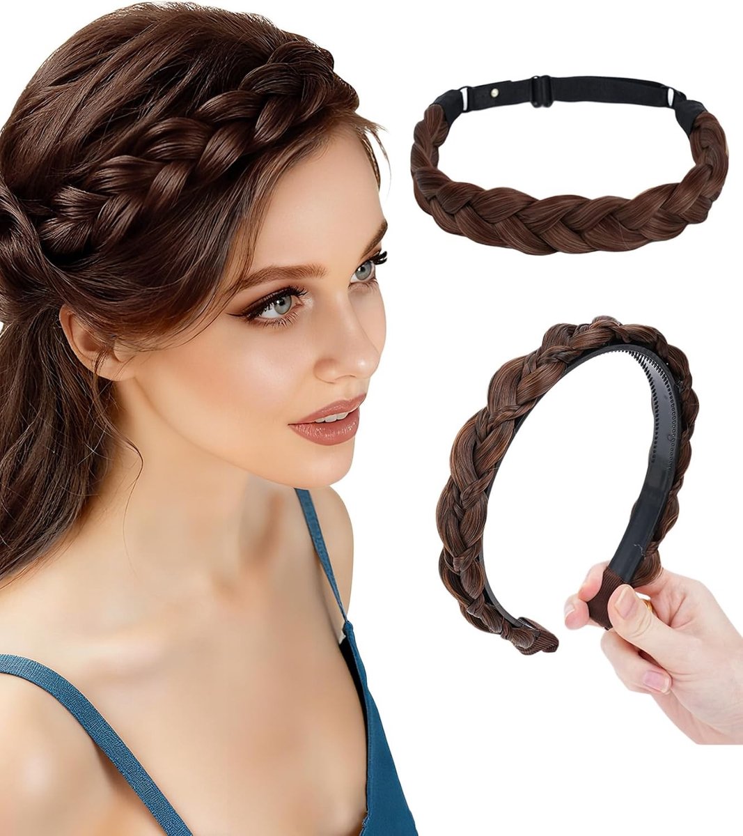 Donkerbruine gevlochten haaraccessoire, brede volumineuze fluffy vlechten, 2-delige set voor een trendy look