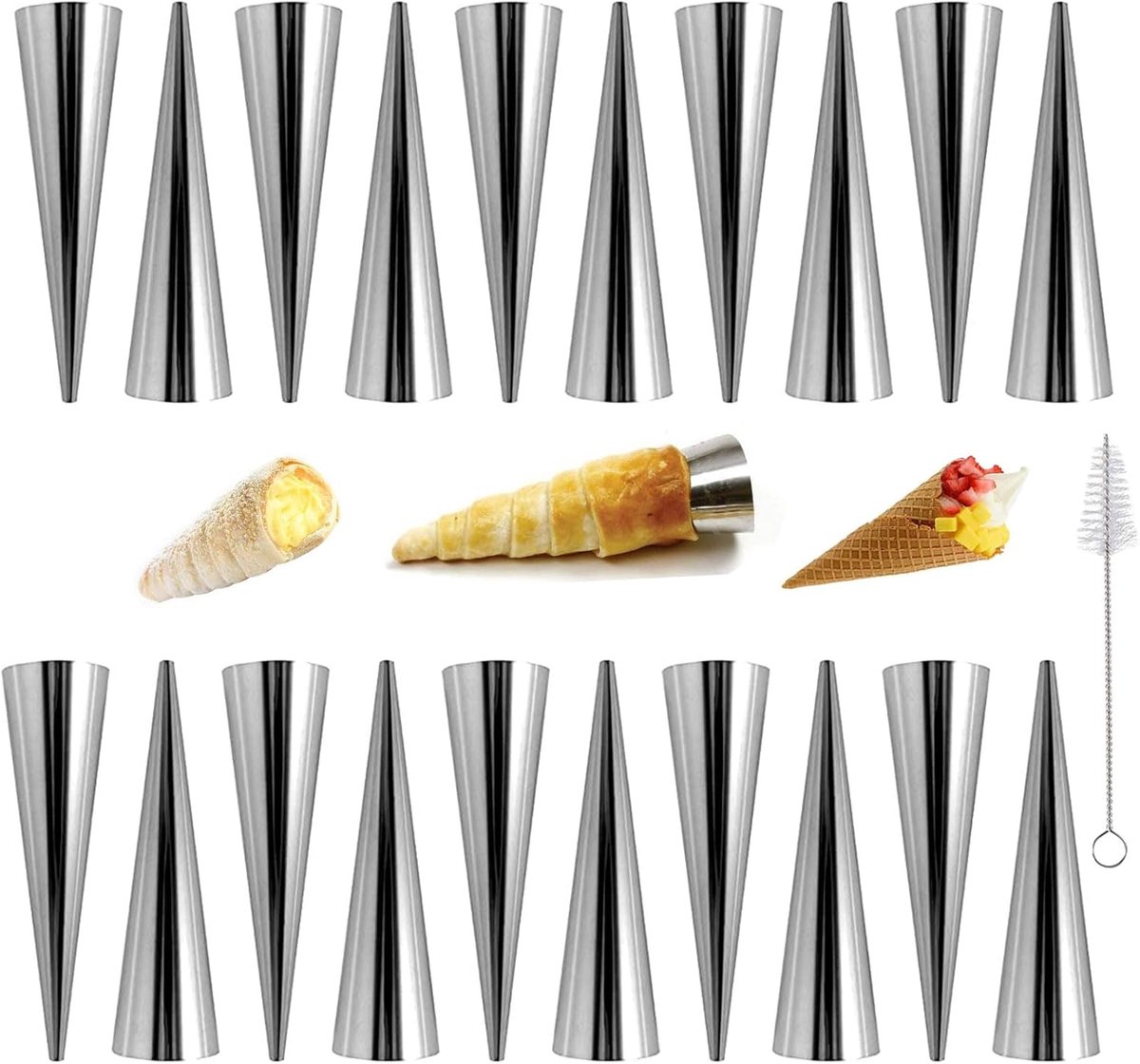 SnelShoppen - 20 Stuks Grote Whipped Cream Hoorn Mallen 12*3.5cm RVS Bakvormen voor Deense Gebakjes en Croissants met Schoonmaakborstel