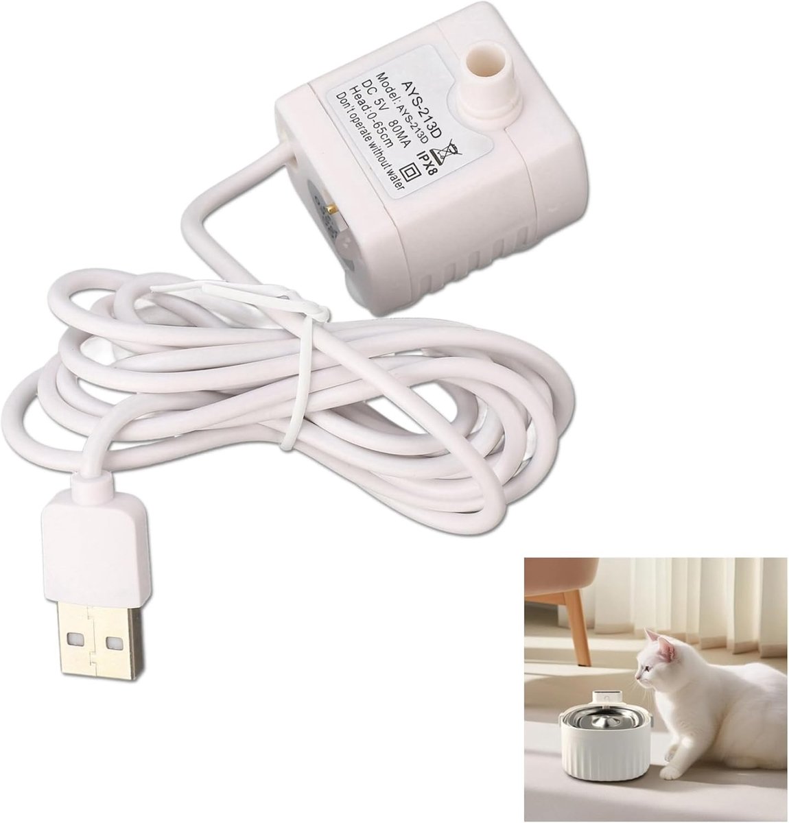 SnelShoppen - Katten Waterfontein Pomp, 5V USB Waterpomp met Instelknop, Stille DC Motor, Kleine Fonteinpomp voor Huisdieren, Tuin en Hydroponics