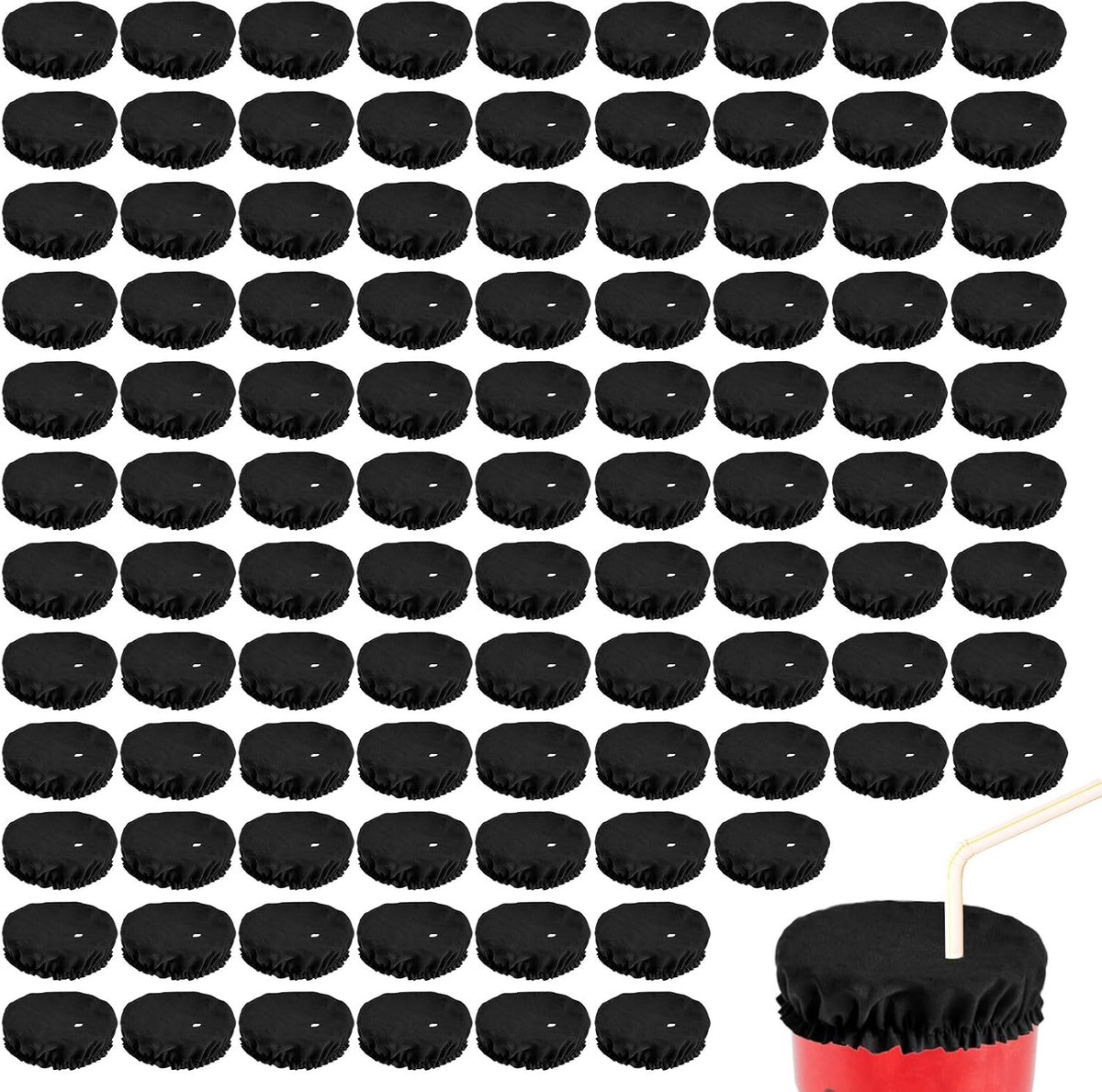 SnelShoppen - 100 Stuks Drink Covers - Wasbare Polyester Drinkbeschermers met Rietje - Zwarte Flesdekselbeschermers voor Meeste Bekers - Perfect voor