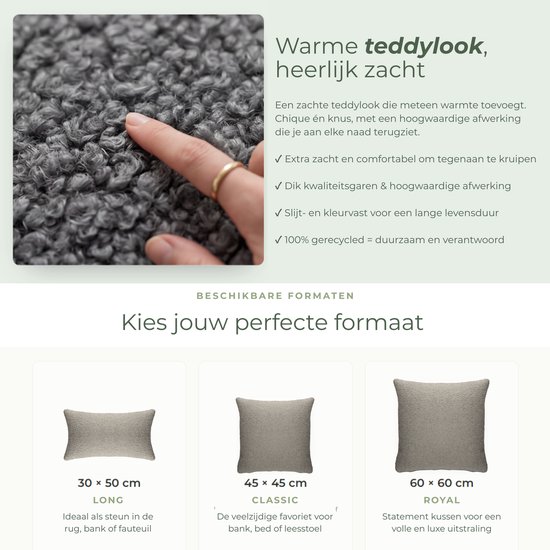 Grijze teddy kussens in 3 maten: 30x50 cm, 45x45 cm, 60x60 cm.