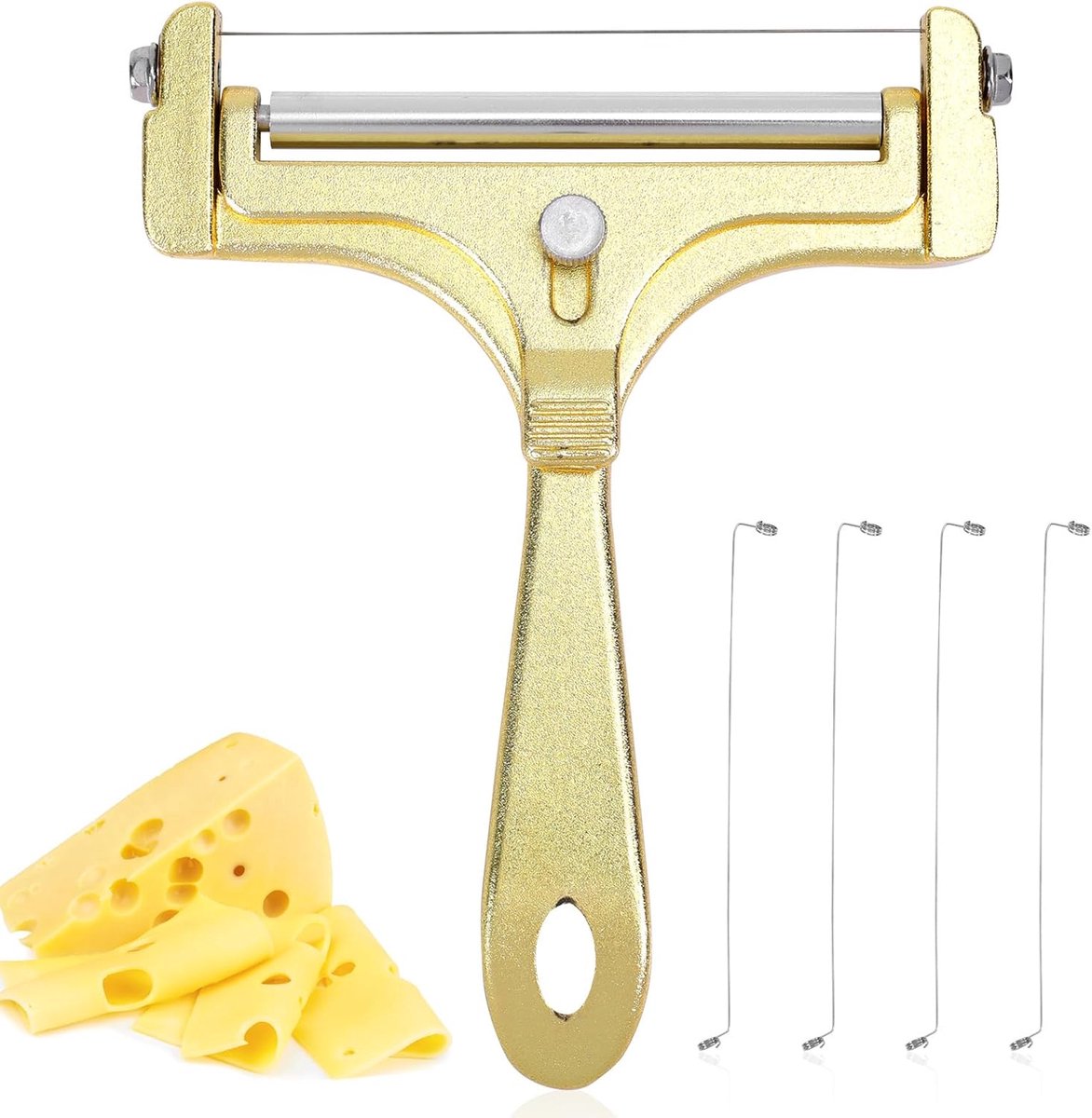SnelShoppen - RVS Kaassnijder met 4 Extra Draadjes, Verstelbare Handheld Boterblok Cutter voor Cheddar, Gruyère, Mozzarella - Keuken Gadget (Goud)