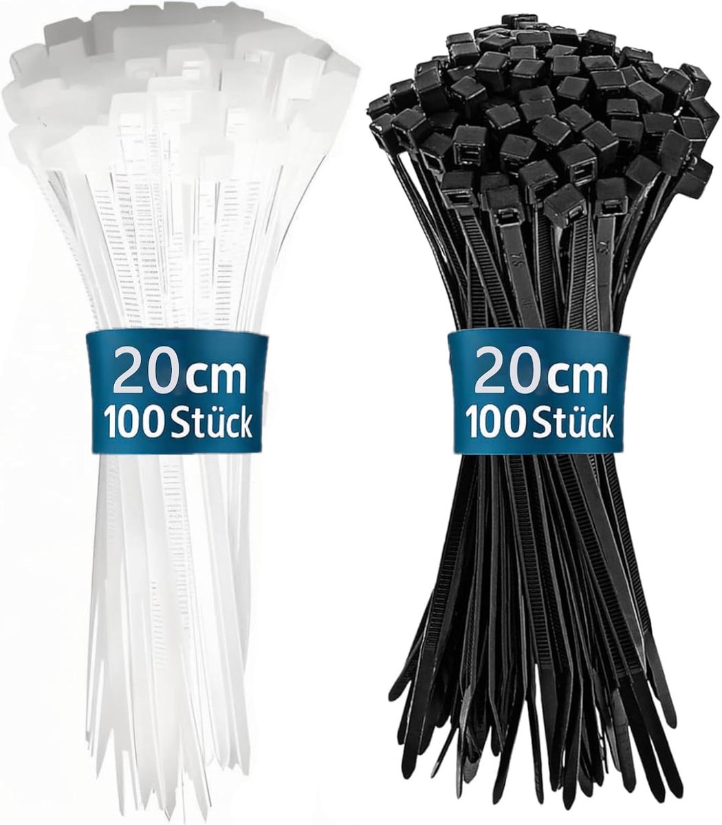 SnelShoppen - Pack van 200 Kabelbinders Zwart en Wit Herbruikbaar UV Bestendig 200mm x 3.6mm Nylon voor Industrie, Tuinbouw, Kabelindustrie