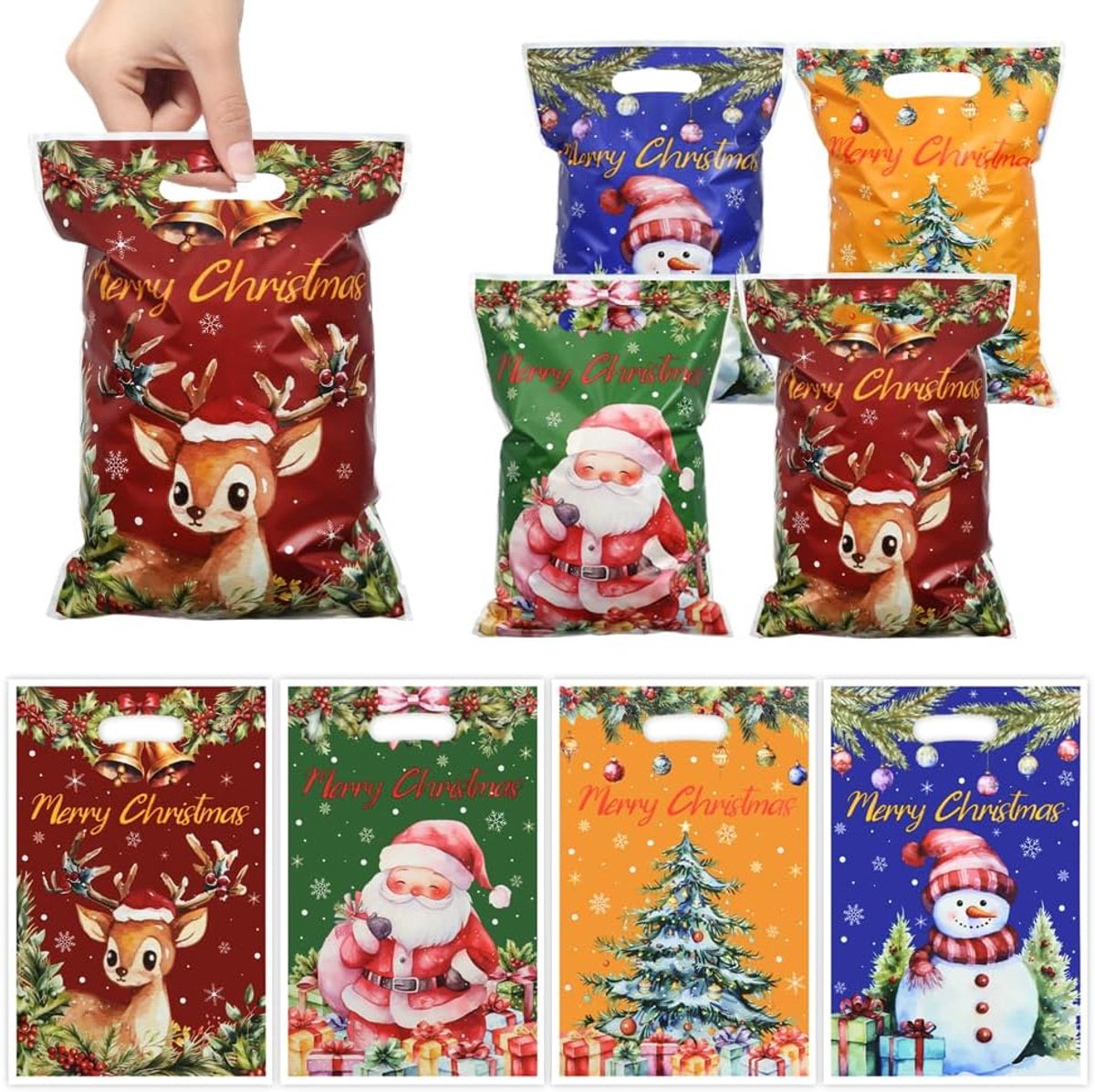 SnelShoppen - 50 stuks plastic kerstgeschenkzakken - 4 ontwerpen kerstman, sneeuwpop, rendier, kerstboom - 25x17cm - feestelijke goodie bags voor kers