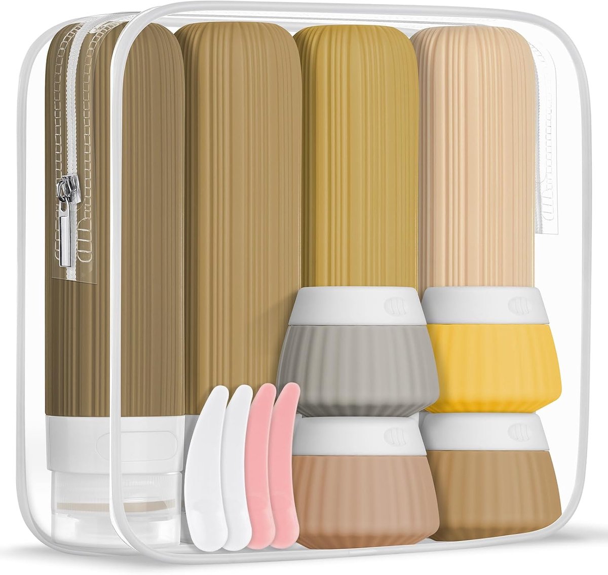 SnelShoppen - Silicone Reisflessen Set 8-delig, 4 x 90 ml & 4 x 40 ml, Herbruikbare Toilettas met Lege Stickers, Anti-Lek voor Shampoo, Lotion en Cosm