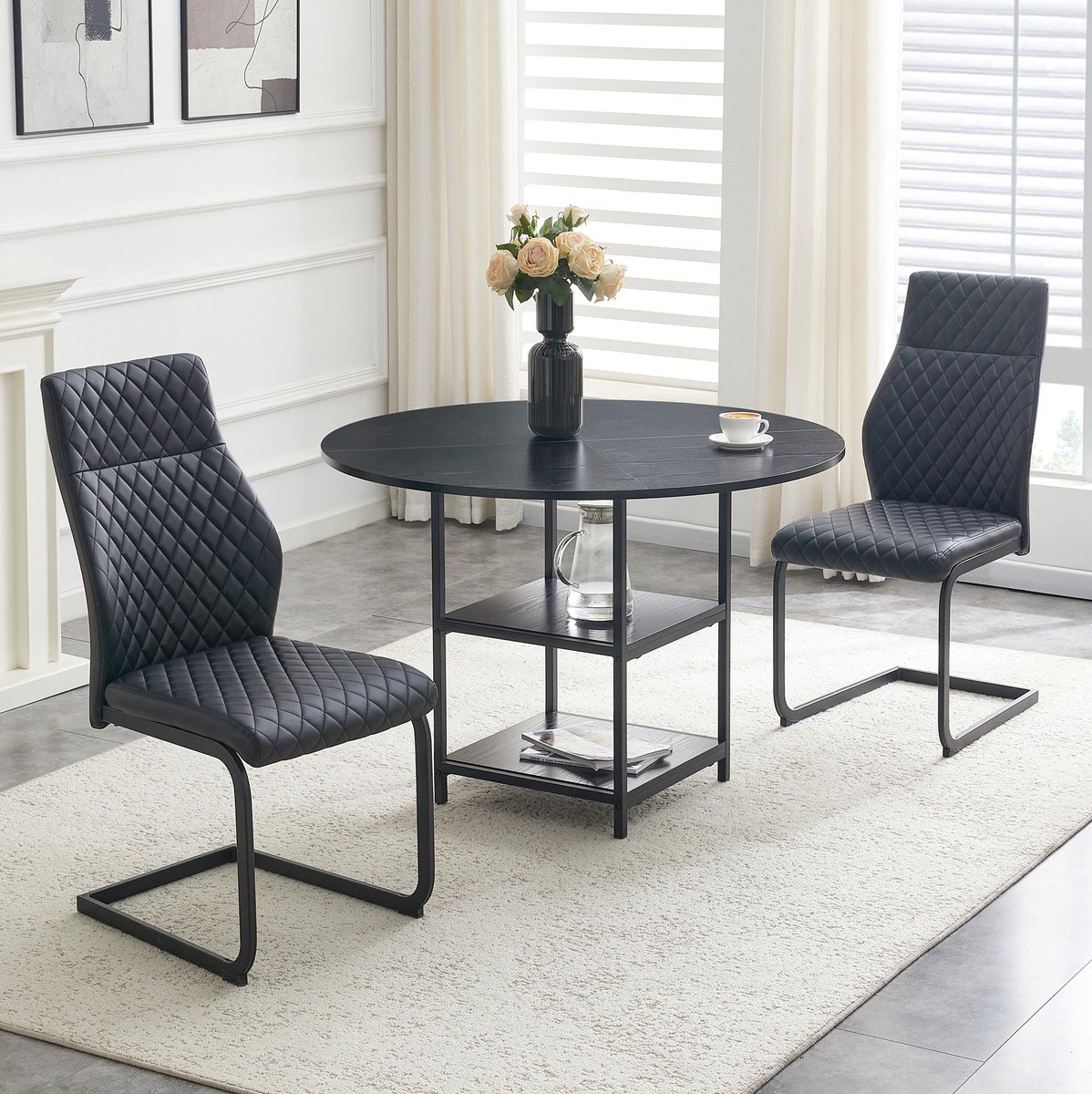 REDOM - Set tafel en stoelen - Ronde eettafel met dubbele opberglagen - 2 stoelen - MDF en metaal - Industrieel - Eetkamer - Zwart - 107 cm