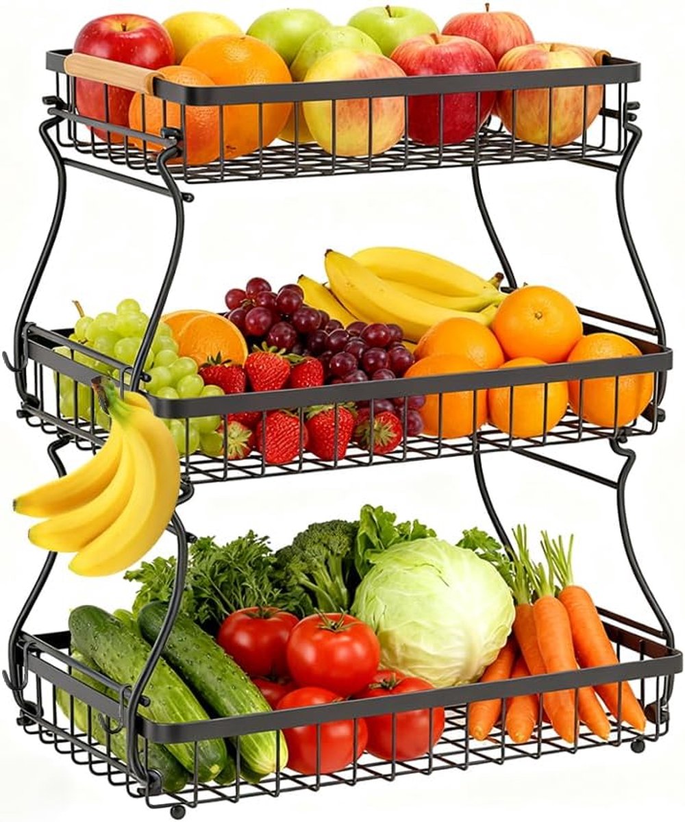 Fruit etagère 3 verdiepen - metalen met 2 bananenhouders - ruimtebesparend voor fruit en snacks - ShopVlot