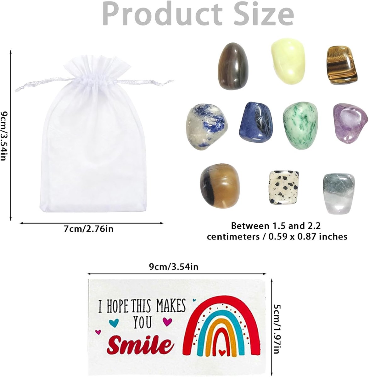 SnelShoppen - Set van 10 Kinder Glow Stones, Kleurrijke Geluksstenen met Regenboog Wenskaarten en Organza Tas, Bewaaraccessoires voor Verjaardagsfeest