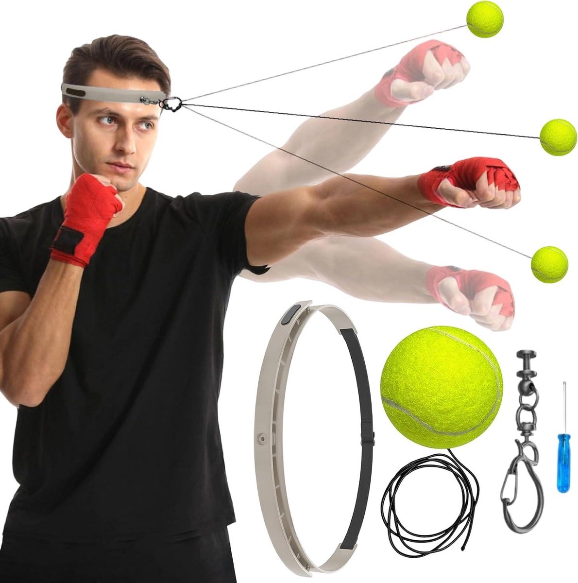Boksen Reflexbal Hoofdband - Boks Trainer Bal - Reactie Training - Montagevrij Systeem - 6 cm Diameter - Tennis