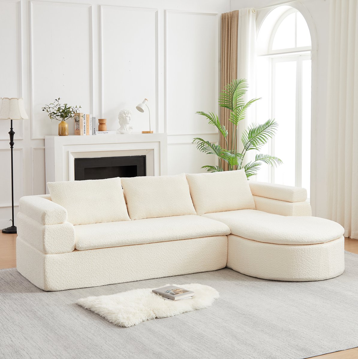 MIVRAY Hoekbank 3 Zits Met Chaise Longue Rechts Comfortabel Chenille Met Zachte Rugkussens Voor Woonkamer En Salon Beige