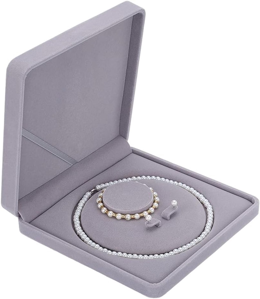 SnelShoppen - Velvet Sieradenbox 19x19x4 cm - Donkergrijs - Elegante Opbergdoos voor Oorbellen, Armbanden, Trouwringen - Luxe Sieraden Display en Cade