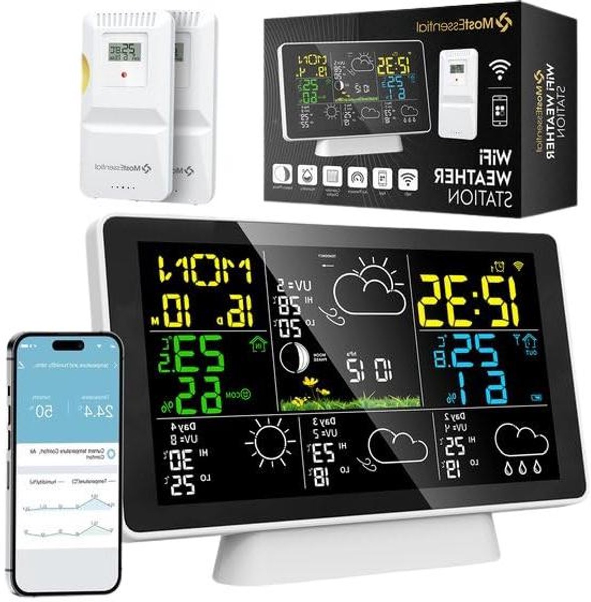 Weerstation Wifi - Buiten Sensor - Weer Monitoren - 150 Meter Bereik - 4 Dagen Voorspelling - Wit