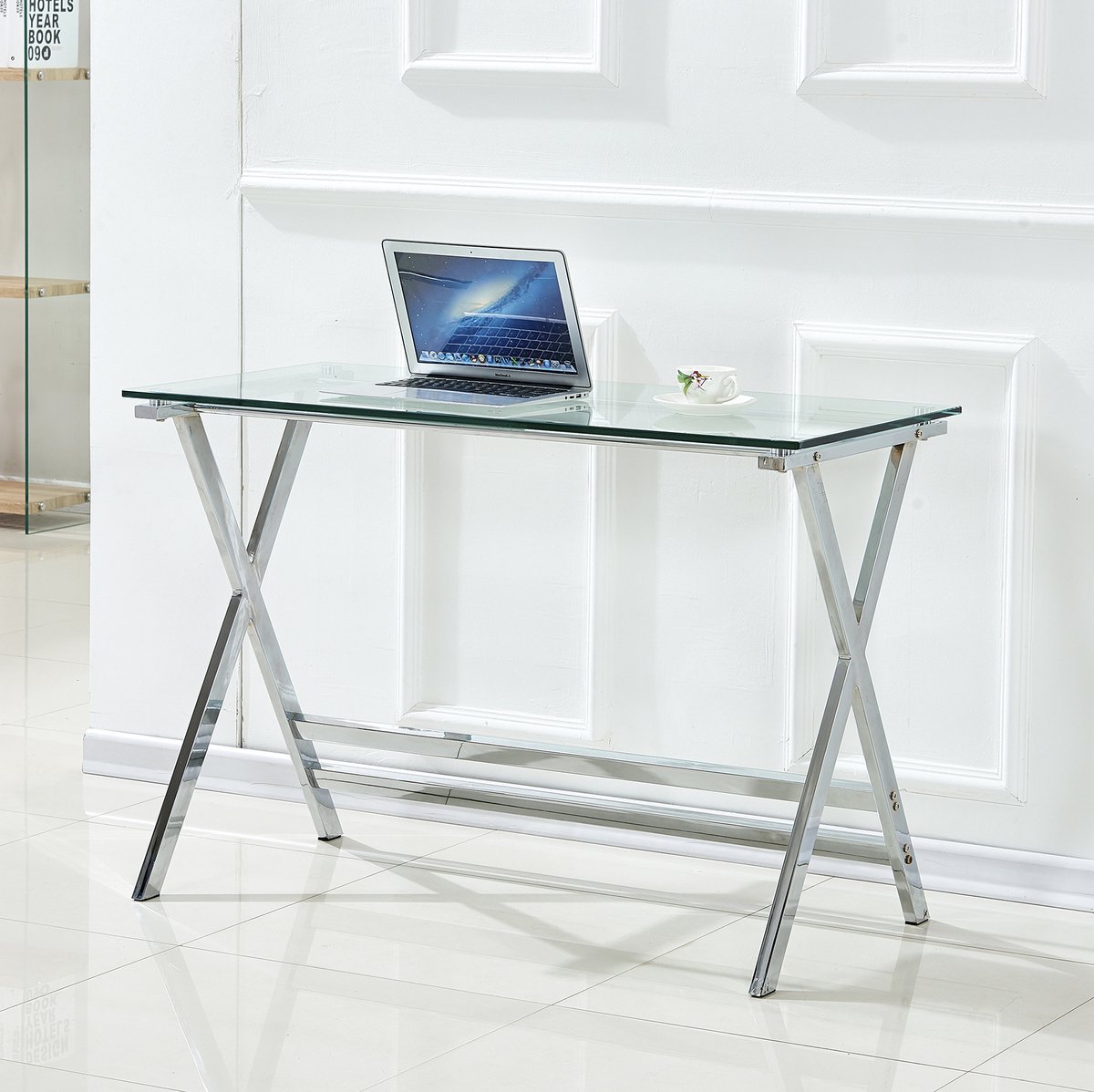 REDOM - Tafel - Glazen computerbureau met afgeronde randen - Rechthoekig tafelblad - X-poot van metaal - Modern - Voor werk en studie - Glas - Transparant - 110 x 55 x 76 cm