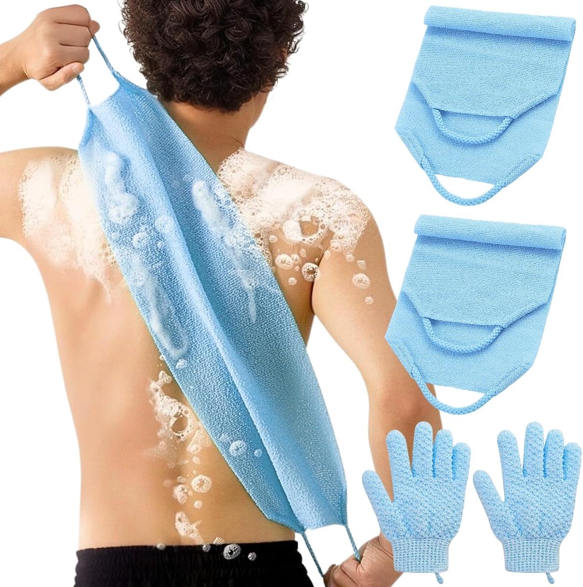 SnelShoppen - Body Exfoliatie Handschoenen Set - 2 Peeling Glove en 2 Rugborstels - Nylon Doucheborstel voor Lichaam en Gezicht - Blauw - Perfect voor