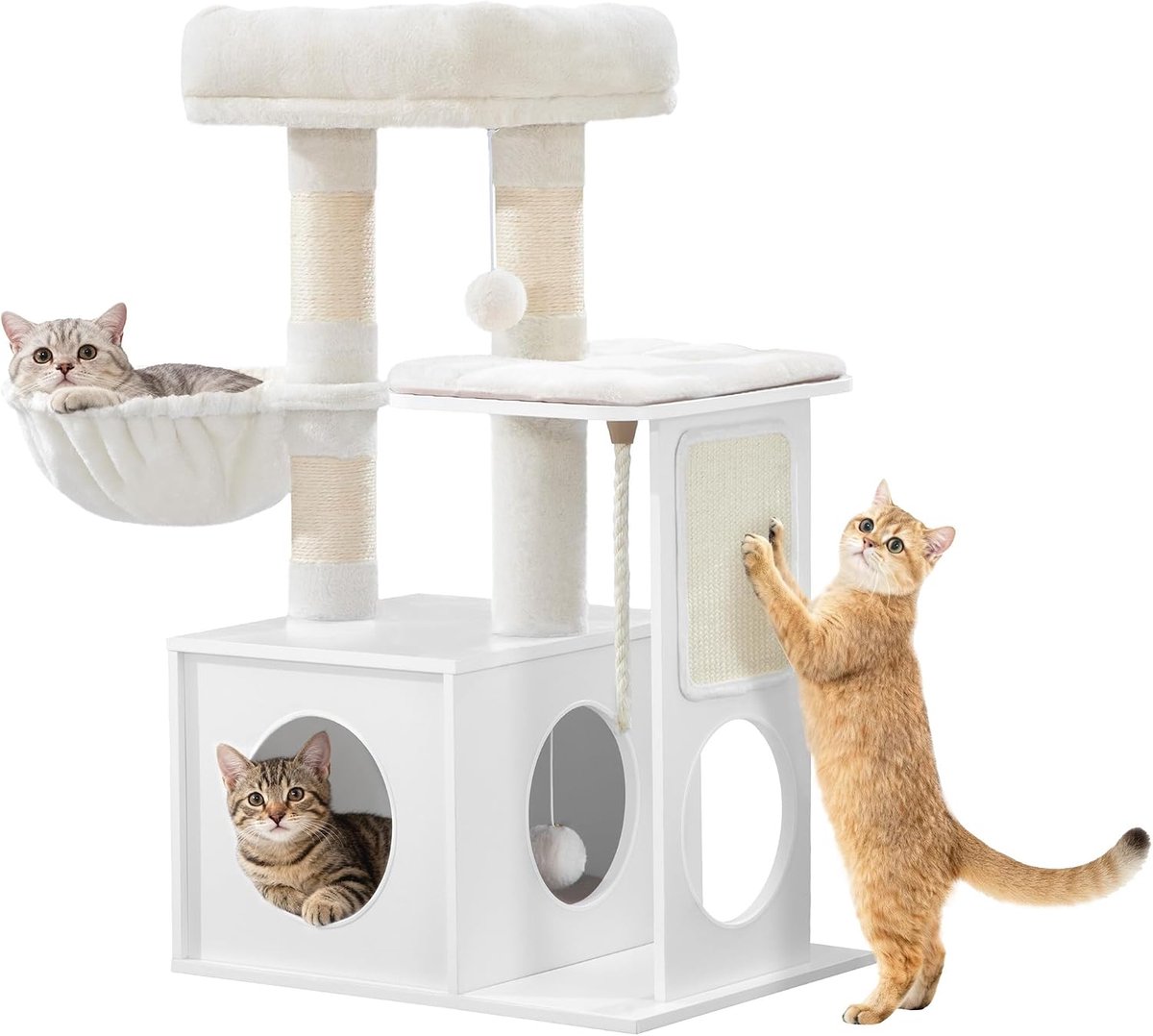Hzuaneri Krabpaal, Moderne Krabpaal, 85 cm hoog, met 3 krabpalen, verwijderbare, wasbare mat, 1 grot, 2 platforms, 1 kattenmand, sisaltouw, 2 pluche ballen, wit