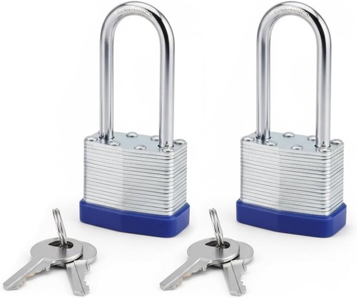 Set van 2 Metalen Hangsloten met Lange Schakel – Veiligheidsloten voor Garage, Tuinpoort en Schutting – Één Sleutel voor Alle Sloten
