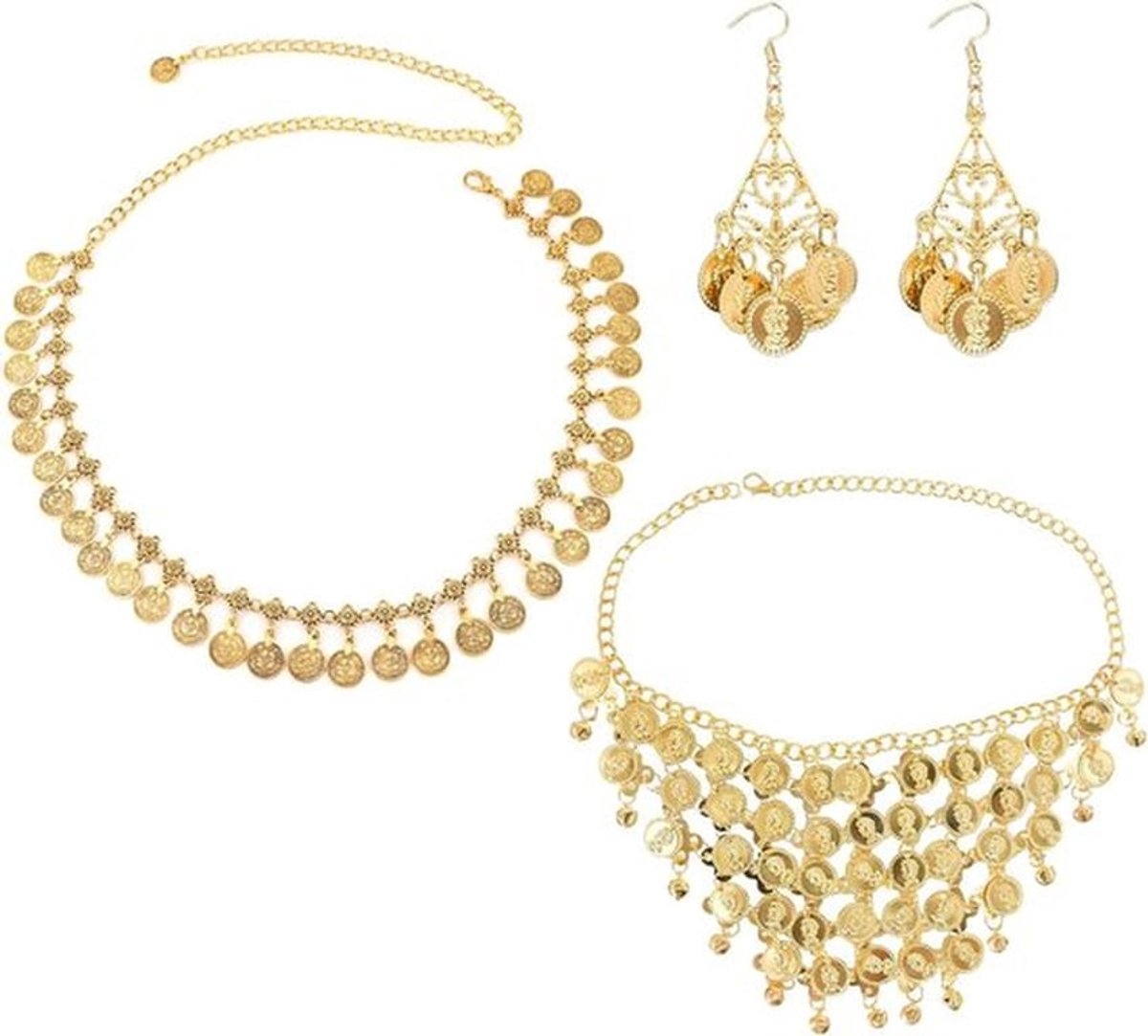 Kostuumaccessoires voor Cleopatra, gouden haarspelden en ketting voor themafeesten en buikdansoptredens