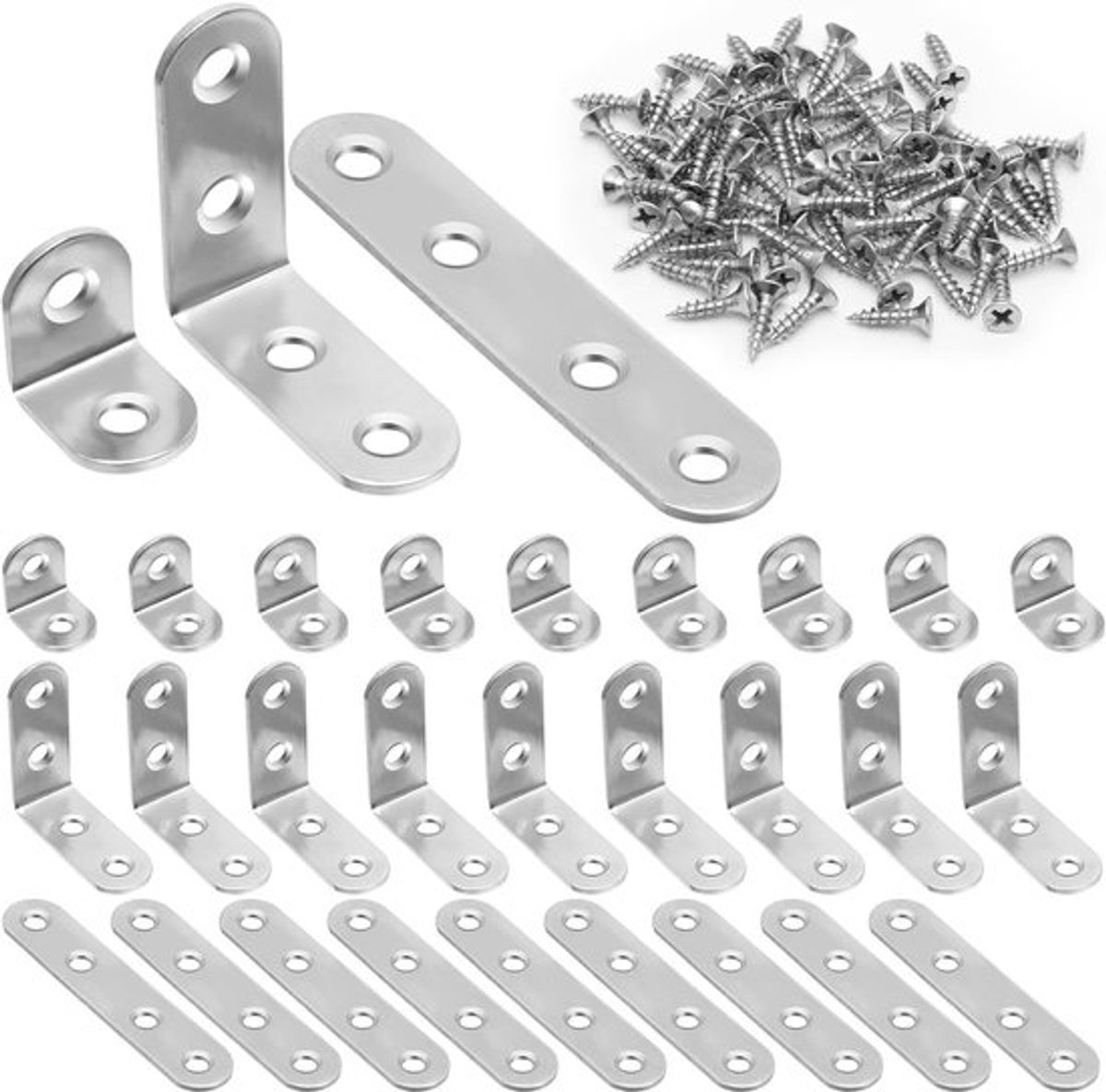 Hoekbeugels van RVS met Schroeven - 30 Stuks voor Houten Meubels, Planken en Kasten (16*20mm, 16*40mm, 16*76mm)