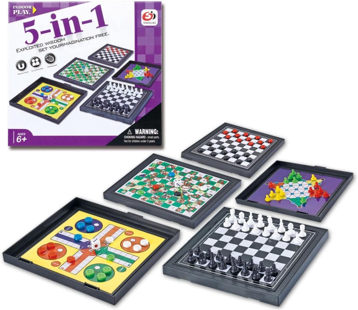 Reisspel Schaakset - Multicolor - Draagbaar Magnetisch Schaakbord - 5-in-1 Spelset voor Gezelligheid en Familieactiviteiten