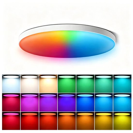 Plafondlamp met paars-blauwe gloed, omringd door 24 kleurstalen.