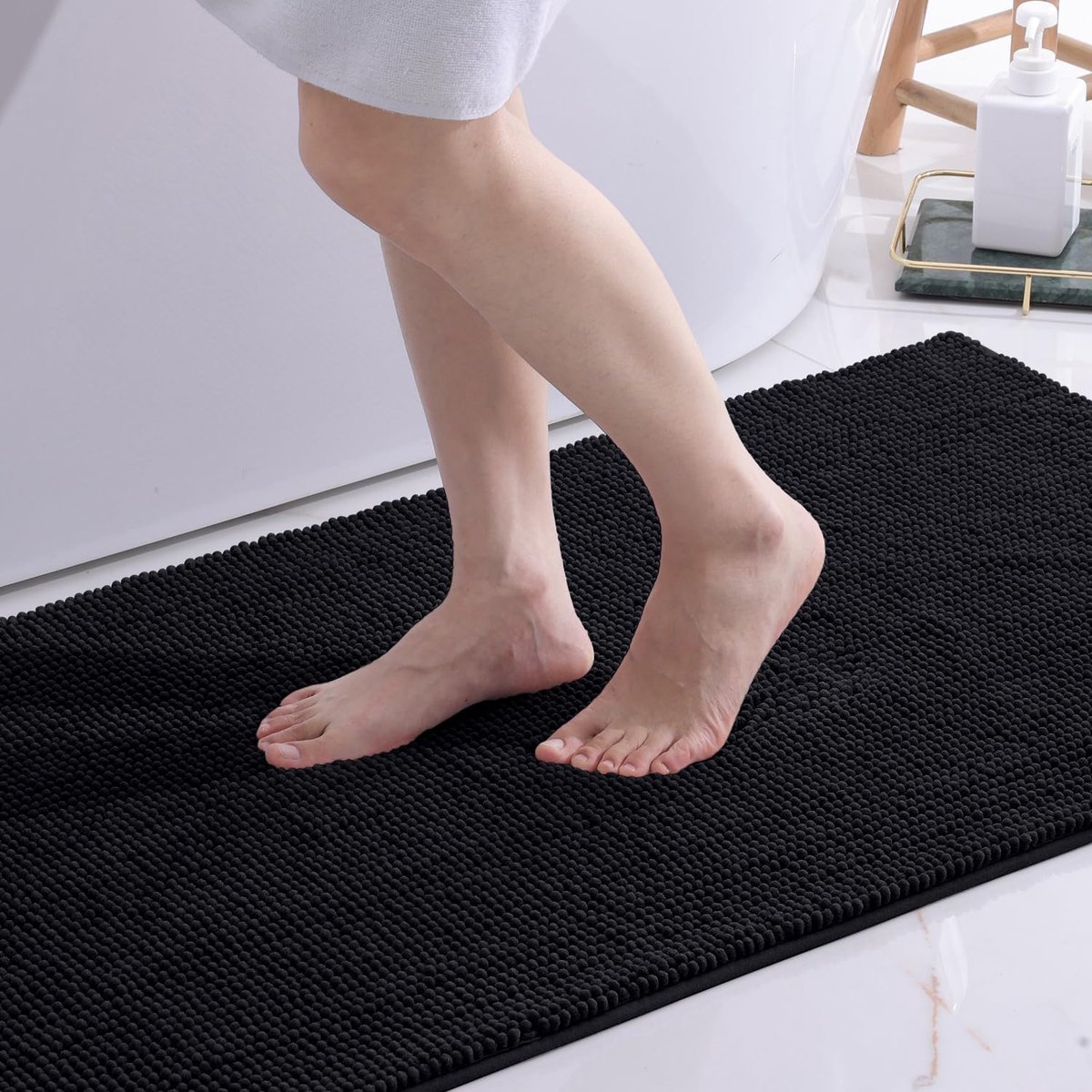 Olanly Badmat Antislip – Set Van 2 - Zwart – Douchemat – Badmat Badkamer – kort pluche Chenille Badmat – 50x80cm