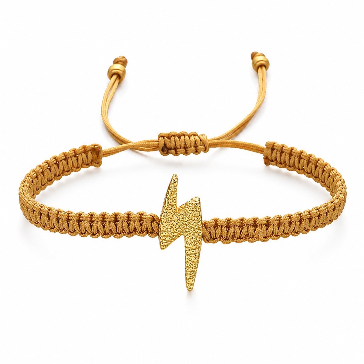 Marama Spark Armband Goud – Verstelbare Macramé Damesarmband met Bliksem Bedel – Boho – Goudkleurig