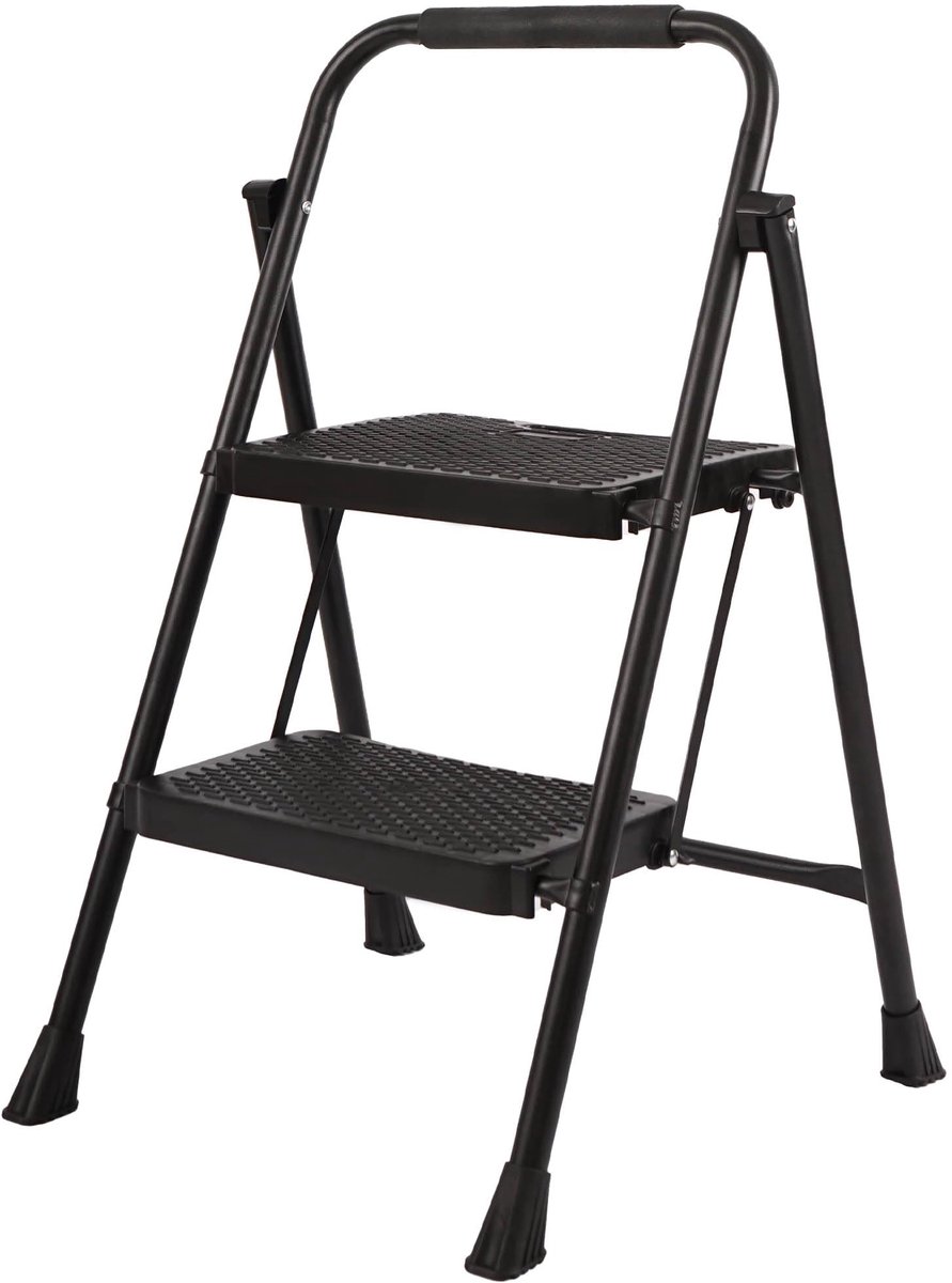 KOTARBAU® Huishoudtrap 2 Treden - Trapladder - Keukentrap - Gepoedercoat Staal - Inklapbare Trap - Opvouwbare Ladder - Stalen Huishoudladder - 46 cm - Antislip - Veiligheidsbeugel - Zwart