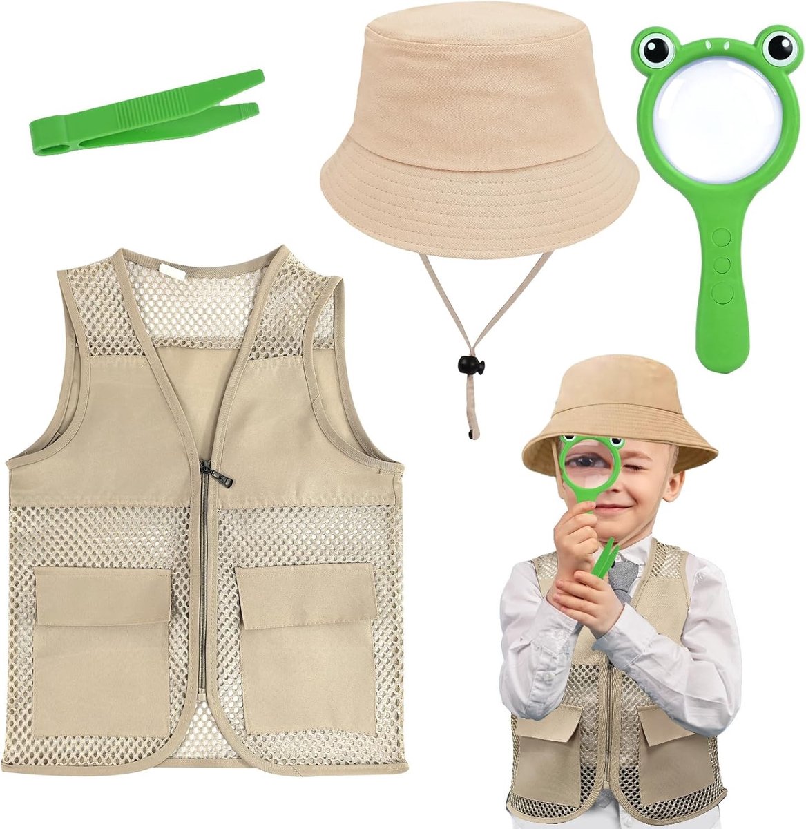 Avontuurlijke Explorer Set voor Kinderen met Vest, Hoed, Loep en Clips voor Buitenactiviteiten, Geschikt voor 5-8 Jaar, Ontdekking en Safari