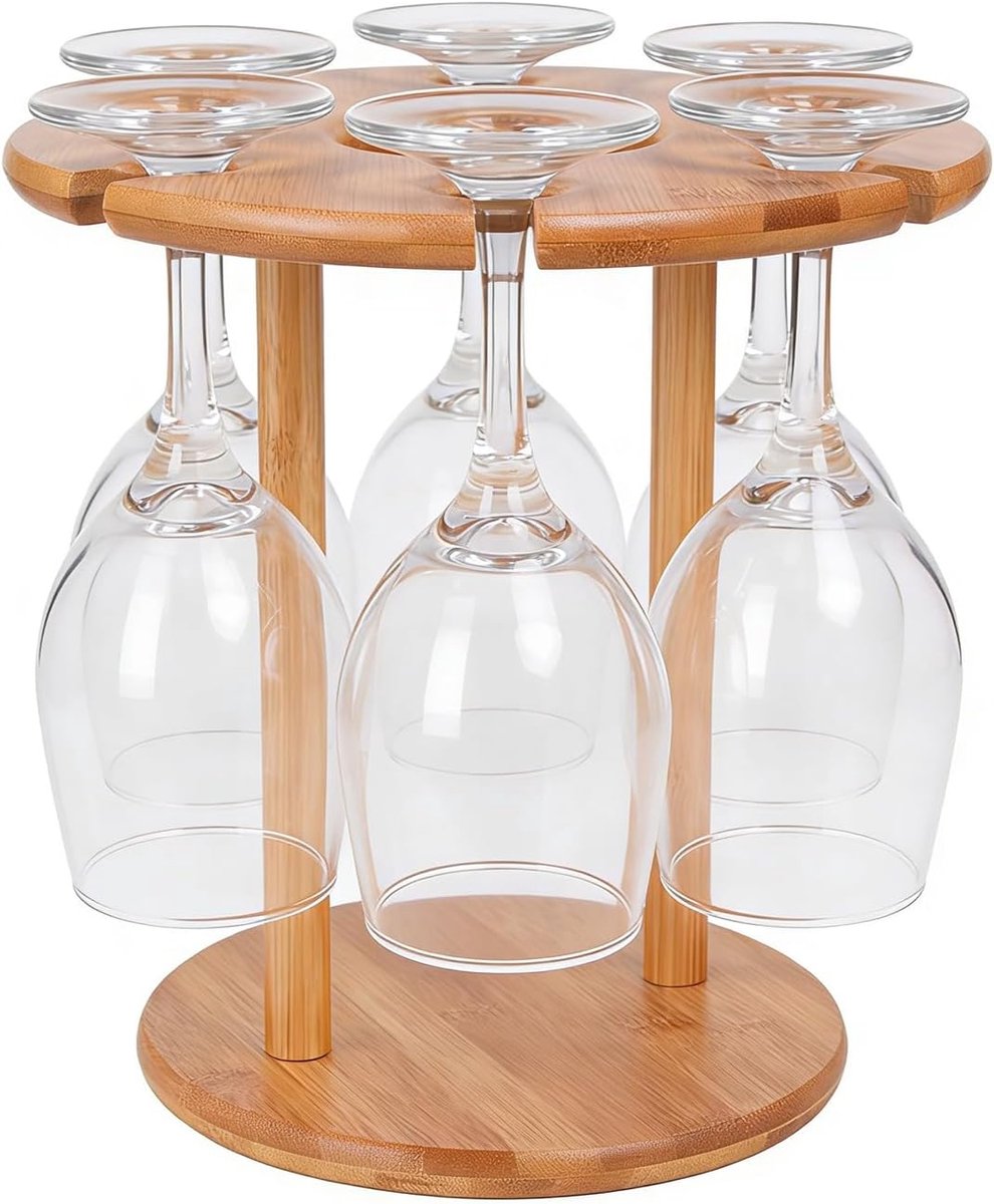 SnelShoppen - Wijnglashouder Hout - Ronde Wijnhouder voor 6 Wijnglazen en 1 Fles - Ruimtebesparend Design - Natuurlijke Nanmu-Bamboe - Geschenken voor