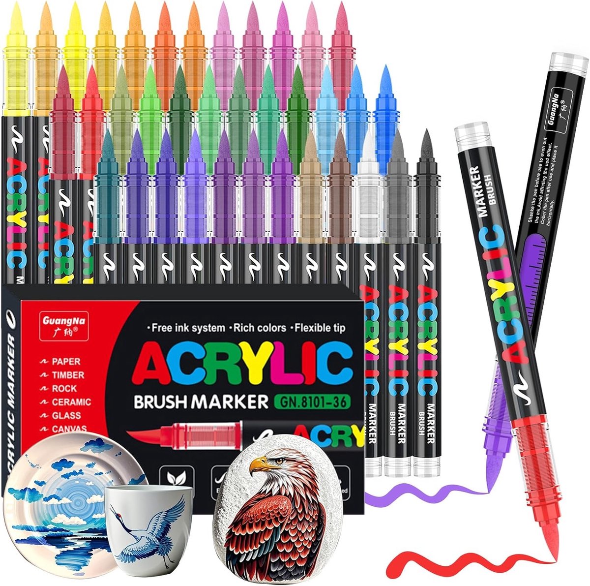 Acrylverfpennen - Multicolor - 36 Stuks - Flexibele Penseelpunt - Voor Kunst en Creativiteit