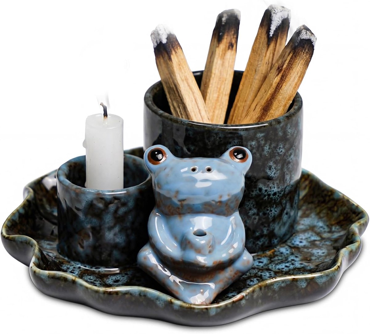 SnelShoppen - ZONSUSE Ceramische Wierookhouder met Lotusblad en Kikker Ontwerp, 4-in-1 Geschikt voor Palo Santo, Salie, Wierookstaafjes en Wierookcone