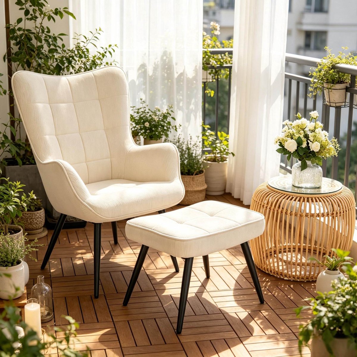 MODENUIT Fauteuil - 1-Zits Met Hocker En Hoge Rugleuning - Voor Woonkamer En Slaapkamer - Stof - Crèmewit