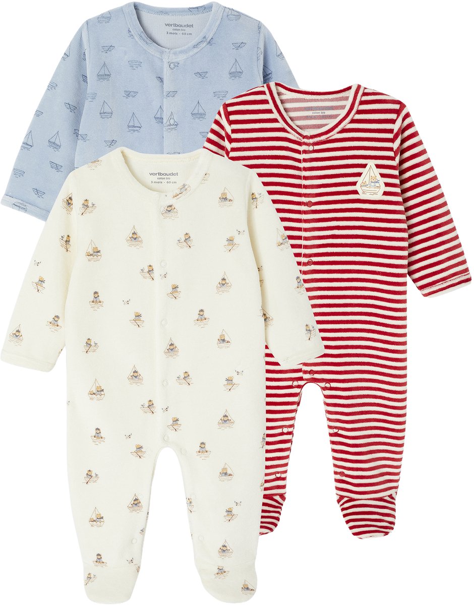 Vertbaudet Set van 3 babyslaappakjes voor pasgeboren in fluweel / velours