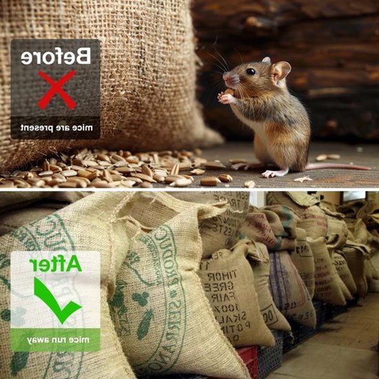 Boven: muis eet granen bij jute zakken, rood kruis met "muizen zijn aanwezig". Onder: rij jute zakken, groene vink met "muizen rennen weg".