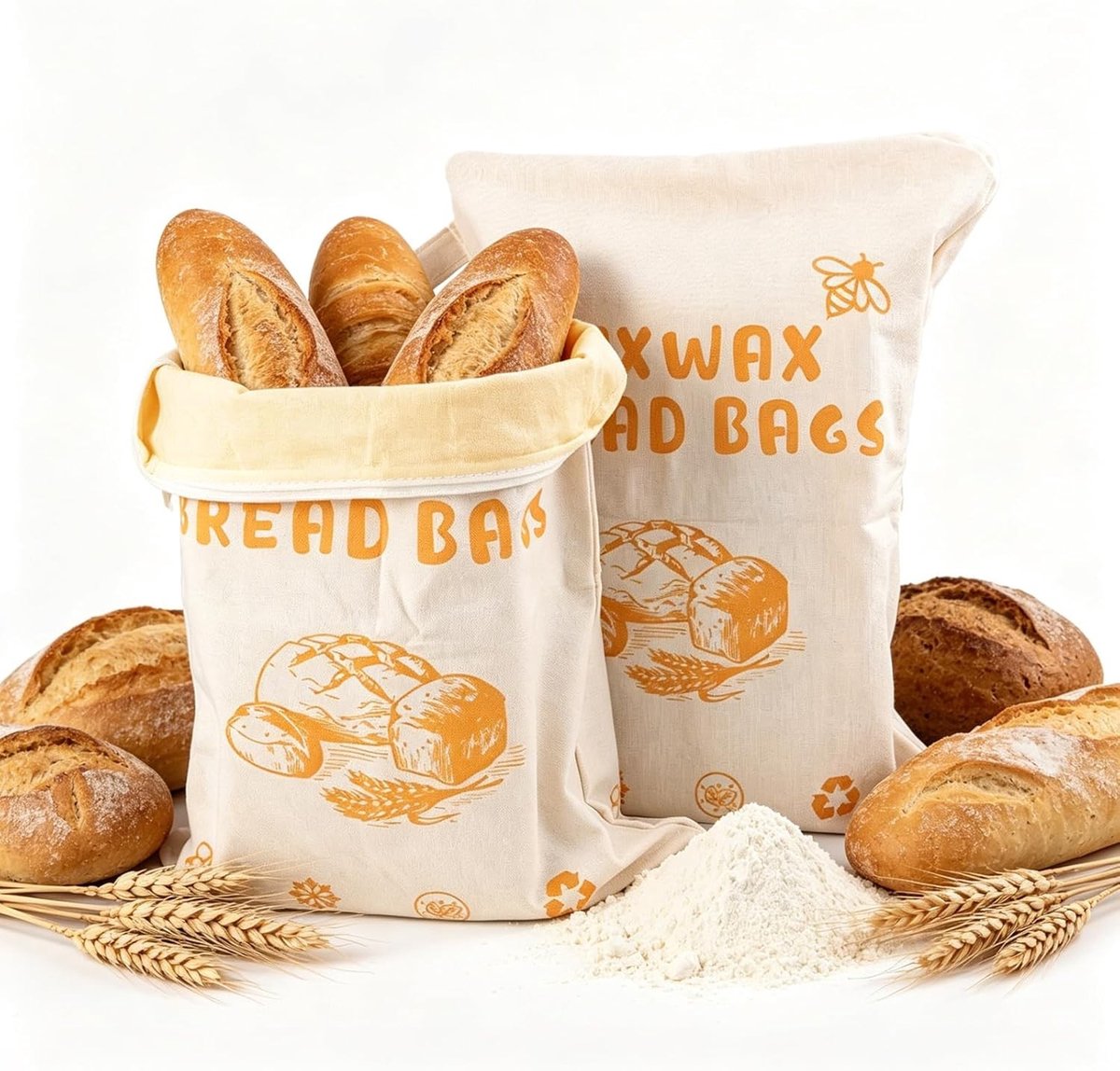 Bijenwas Broodzakken - Natuurlijk Katoen - 43 x 33 cm - Herbruikbare Zak met L-vormige Opening - Voor Vers Brood
