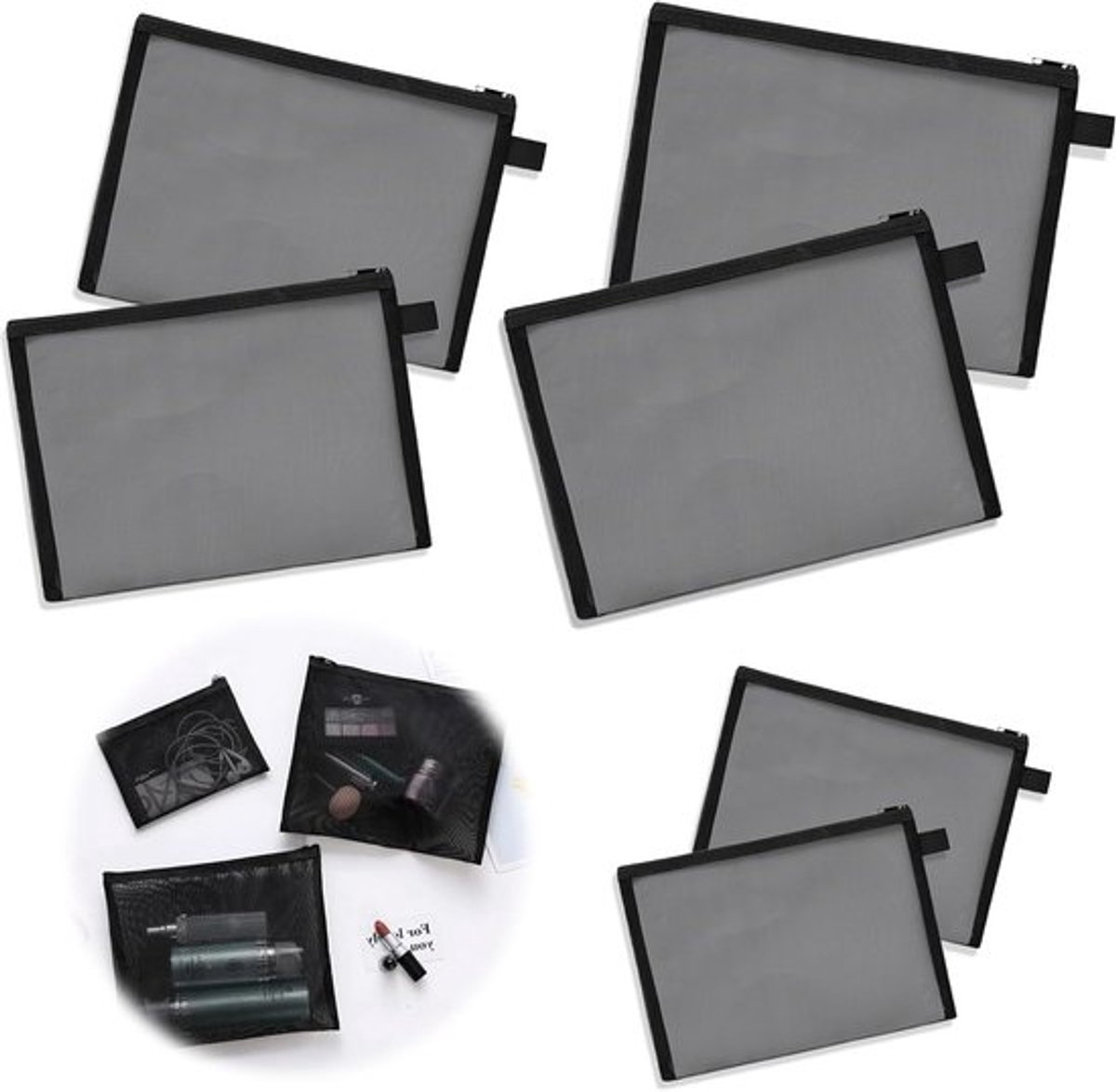 Set van 6 Mesh Ritszakjes in 3 Maten, Waterdichte Make-up Tas voor School, Kantoor en Cosmeticaopslag
