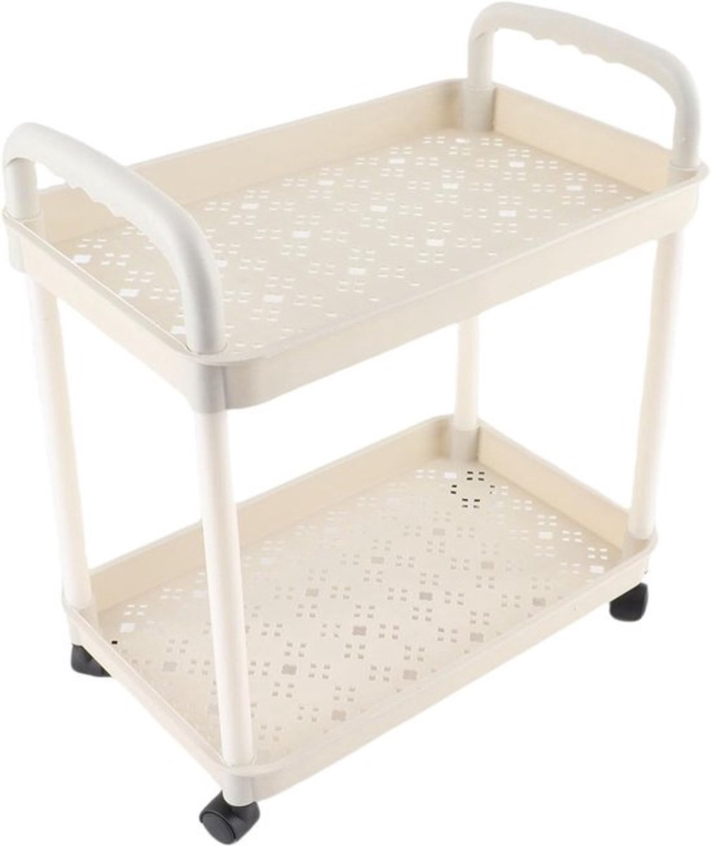 Ruimtebesparende 2-laagse trolley met haken, grote capaciteit en wielen voor thuisopslag en organisatie, wit en multifunctioneel