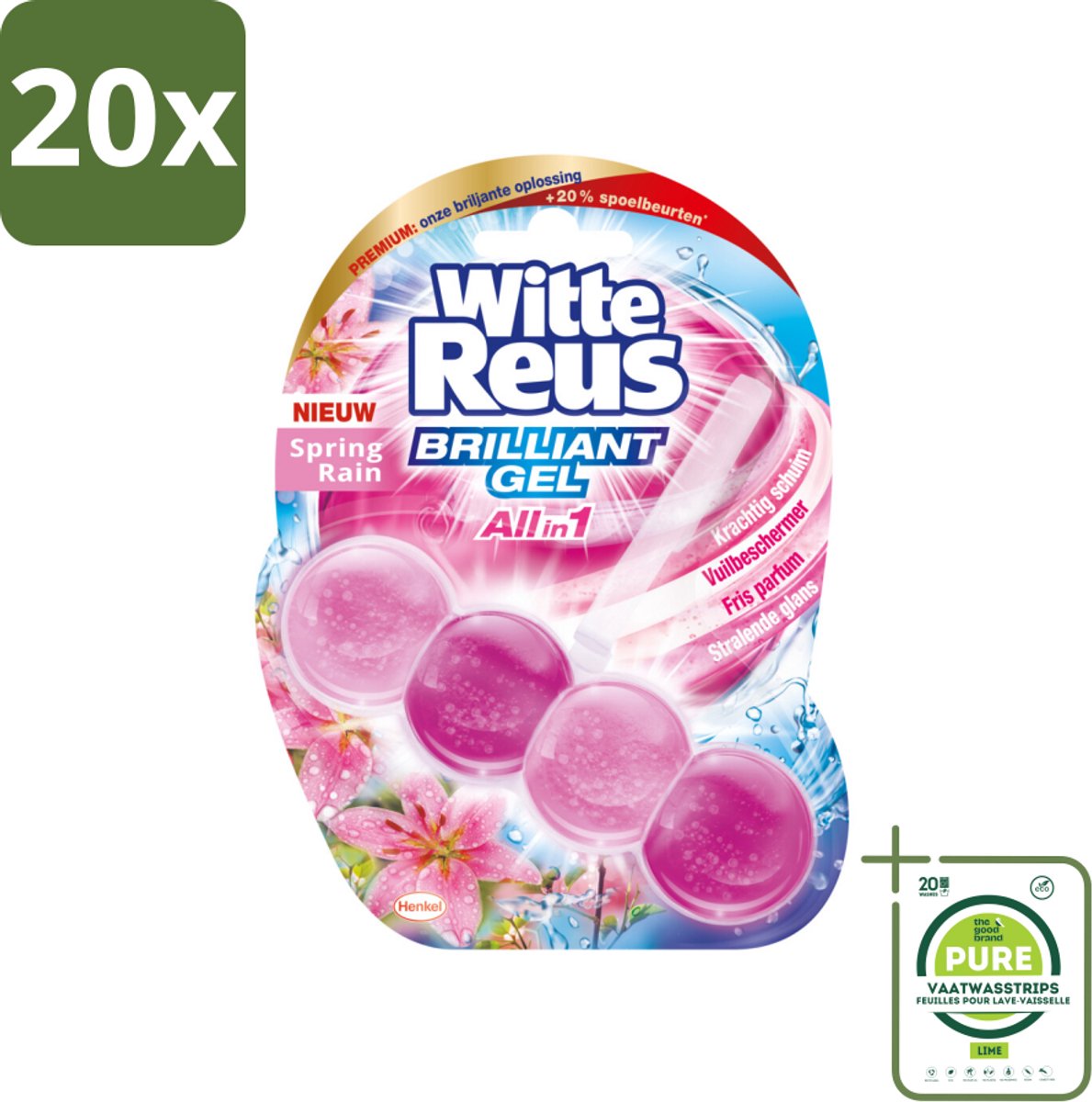20 x Witte Reus - Toiletblok Brilliant Gel - Spring Rain - 1 Toiletblok - Grootverpakking - Toiletblok - Toiletreiniger - Gel Toiletblok - Frisse Geur - Lentegeur